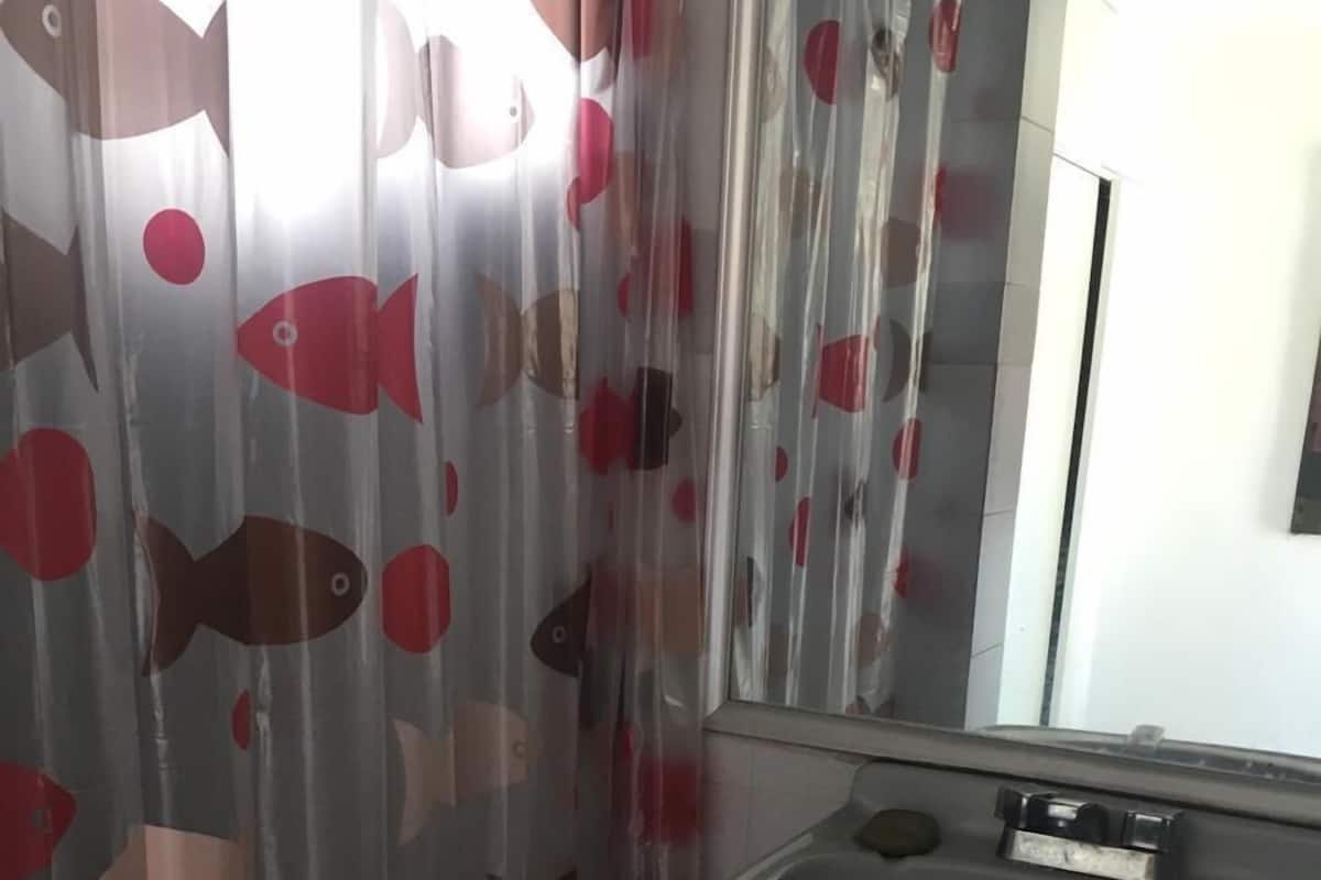 Klassieke eenpersoonskamer, patio (#2) | Badkamer | Een douche, handdoeken, zeep, shampoo