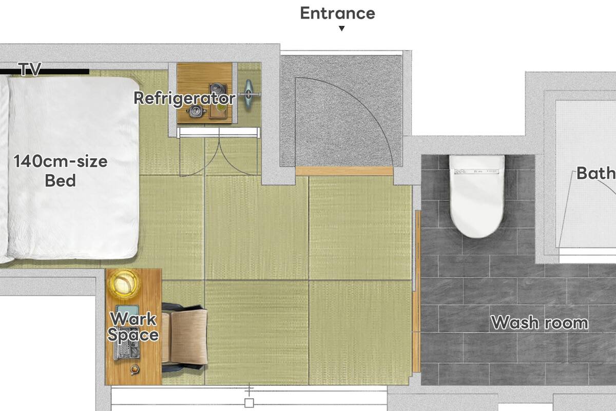 A 140cm-sized bed, a refrigerator, a work space, a bathroom, and a washroom.