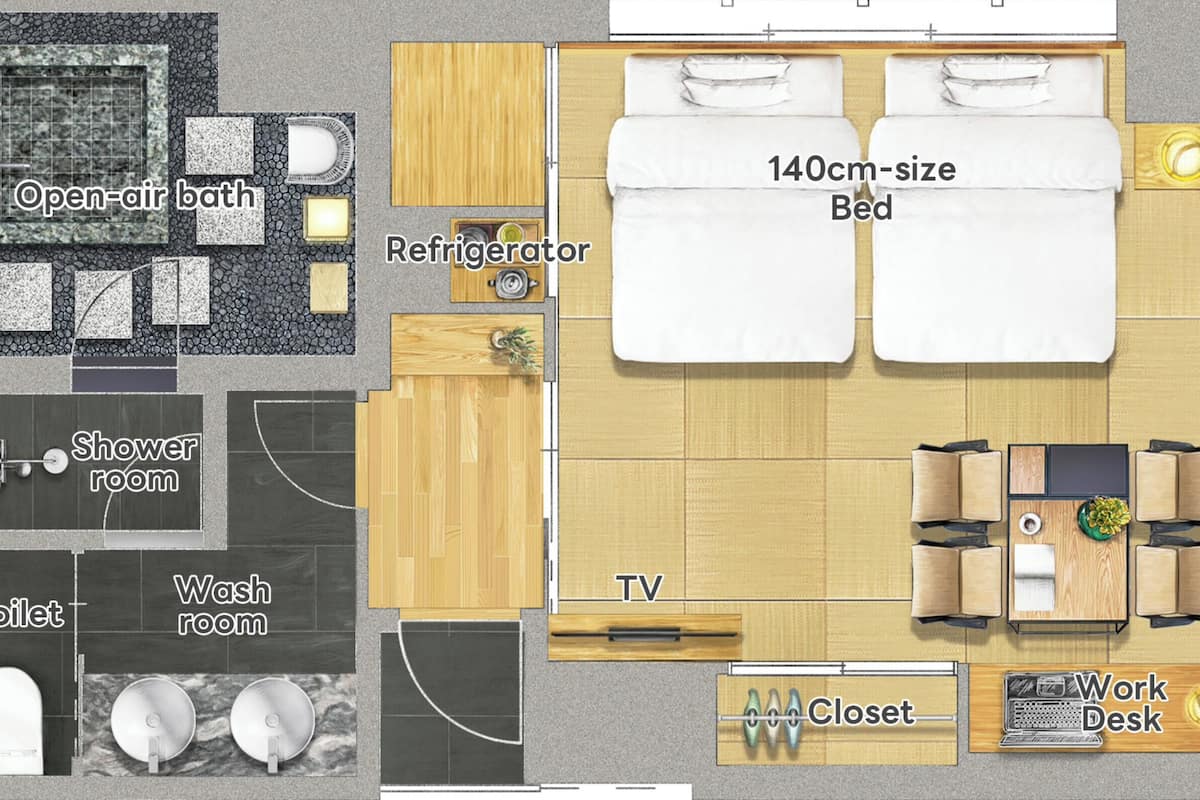 A 140cm-size bed, open-air bath, shower room, toilet, washroom, TV, closet, work desk, balcony, and refrigerator.