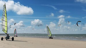 Una playa con equipo de windsurf y gente.