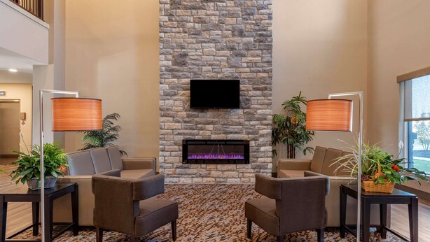 A lobby with a stone fireplace, two sofas, a flat-screen TV, and potted plants.