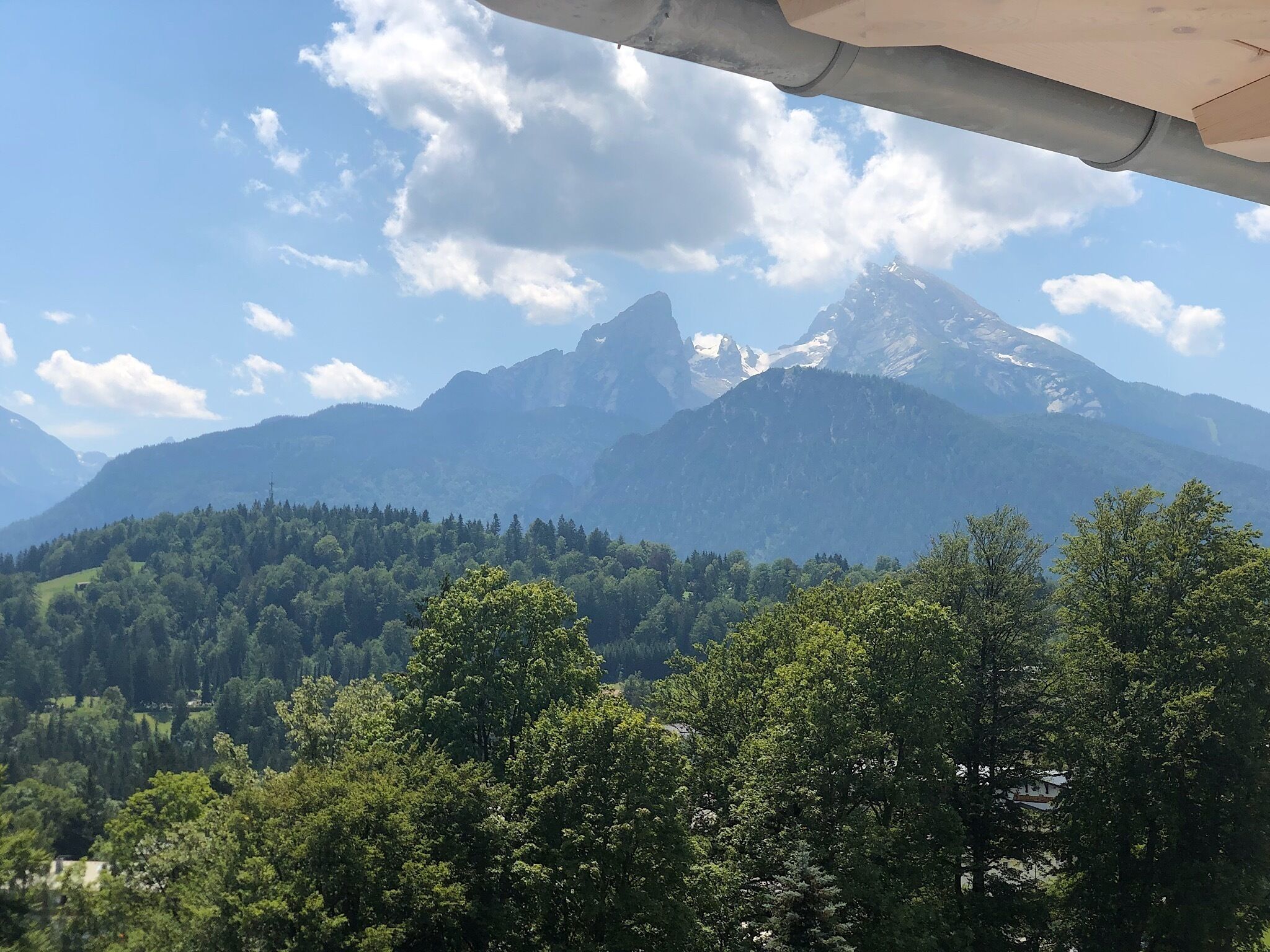 Un paysage de montagne offrant une vue sur un sommet enneigé et une forêt dense.