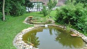 A garden with a pond, surrounded by a stone border and lush greenery.