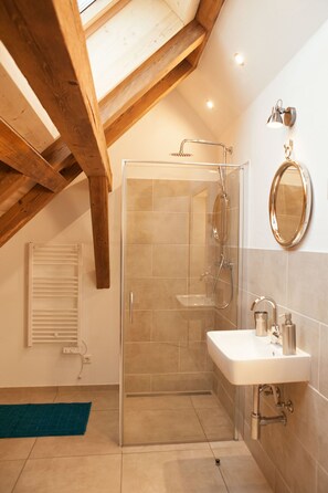 Shower, hair dryer, towels, soap