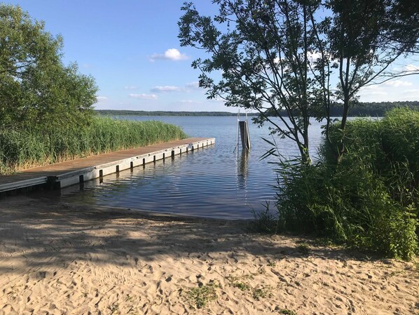 A sandy beach with a wooden dock extending into calm water, surrounded by dense greenery and trees.