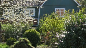 Ein grünes Haus mit braunem Dach, umgeben von Bäumen und Büschen.