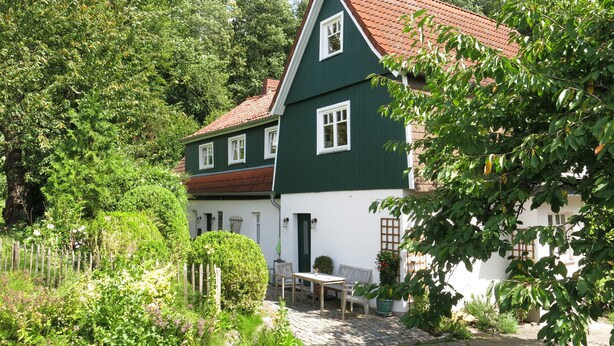 Ein grünes Haus mit rotem Dach, umgeben von üppiger Vegetation und einem Garten.