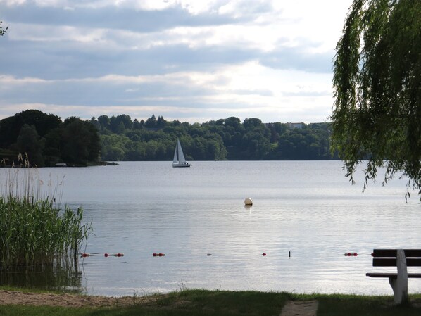 Un lac paisible, avec un voilier, un banc et un sentier longeant la rive.