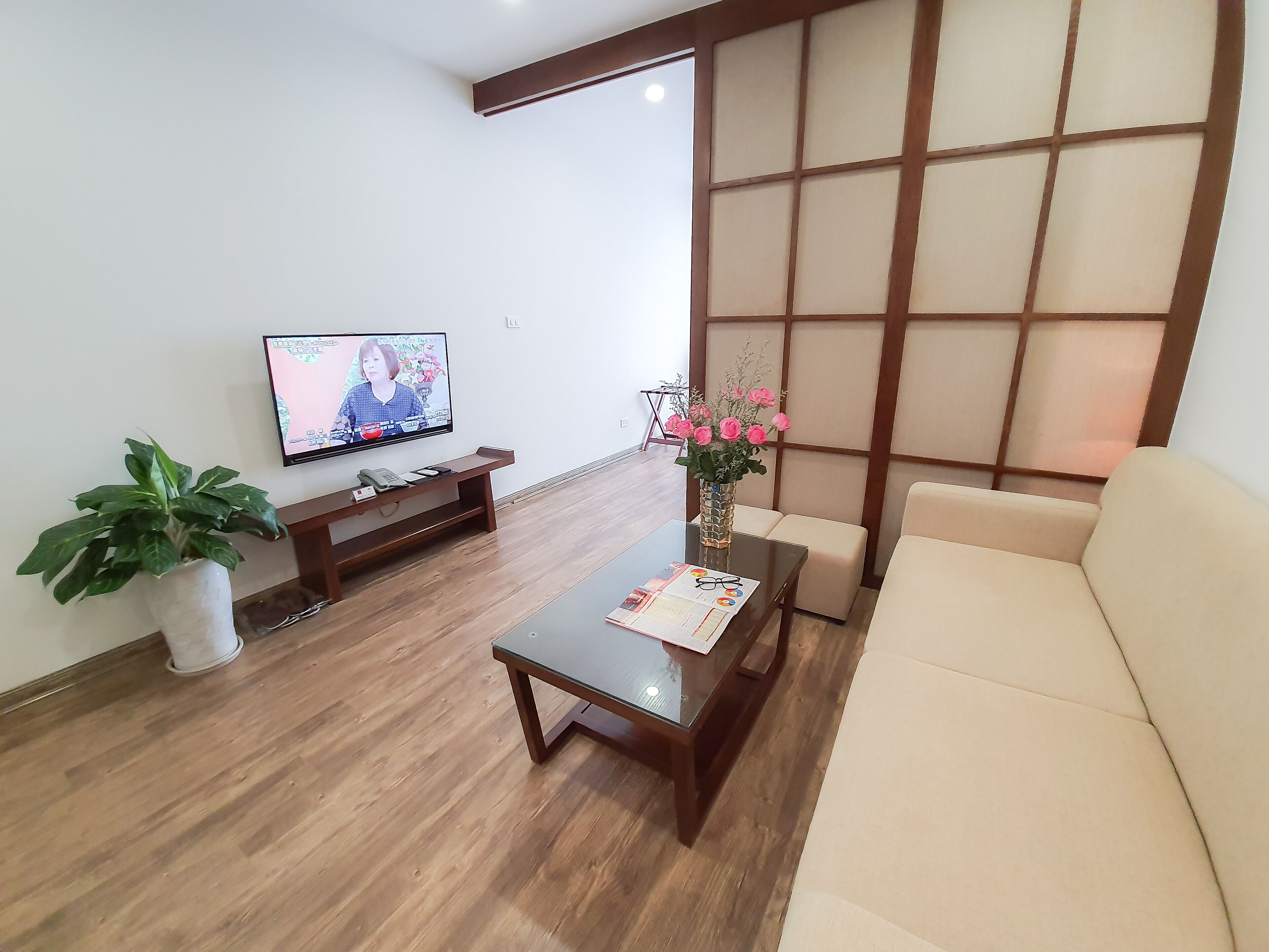 Ein Wohnzimmer mit einer Couch, einem Couchtisch, einem Fernseher auf einem Schrank, einer Topfpflanze und einer Vase mit Blumen.