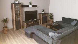 A modern living room with a grey sofa, a flat-screen TV, wooden shelving with glassware, and a small table with a plant.