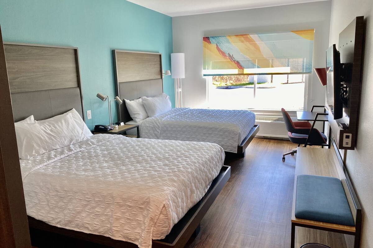 room, 2 queen beds, accessible, bathtub | desk, blackout curtains, iron/ironing board, bed sheets