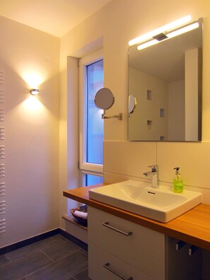 Hair dryer, towels, soap, toilet paper