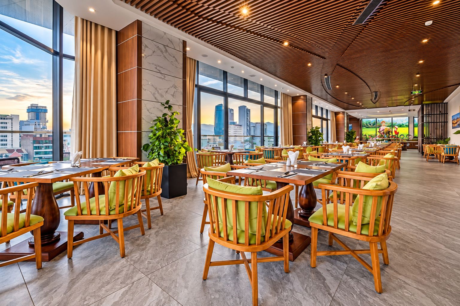 Un comedor amplio con sillas y mesas de madera, ventanas grandes con vistas a la ciudad y un diseño moderno de techo.