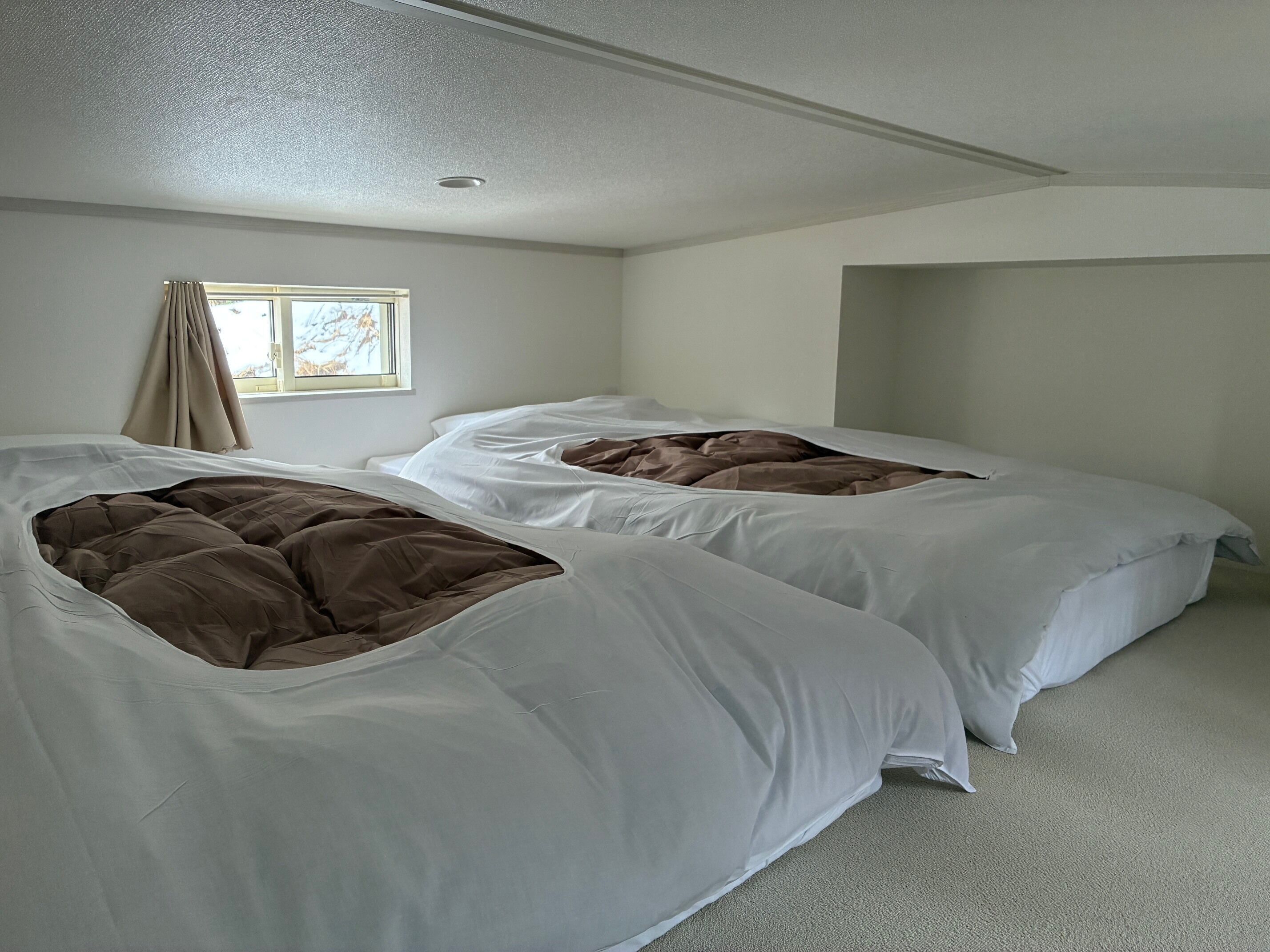 Une chambre avec deux lits, une fenêtre avec des rideaux et un luminaire au plafond.