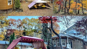 A cabin with a log exterior, a tent set up in the yard, and autumn foliage.
