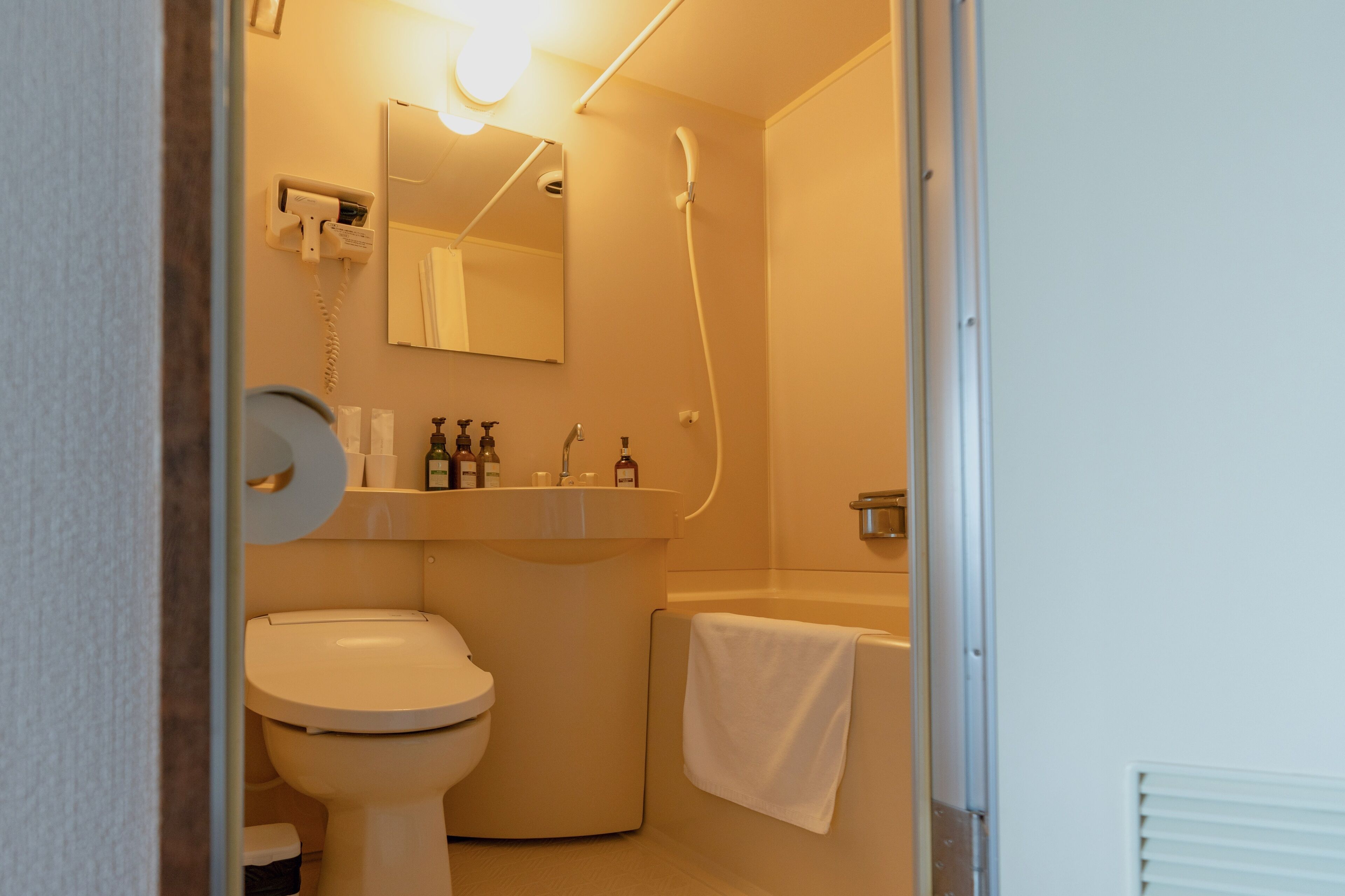 combined shower/bathtub, rainfall showerhead, free toiletries