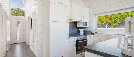 Fridge, stovetop, dishwasher, coffee/tea maker