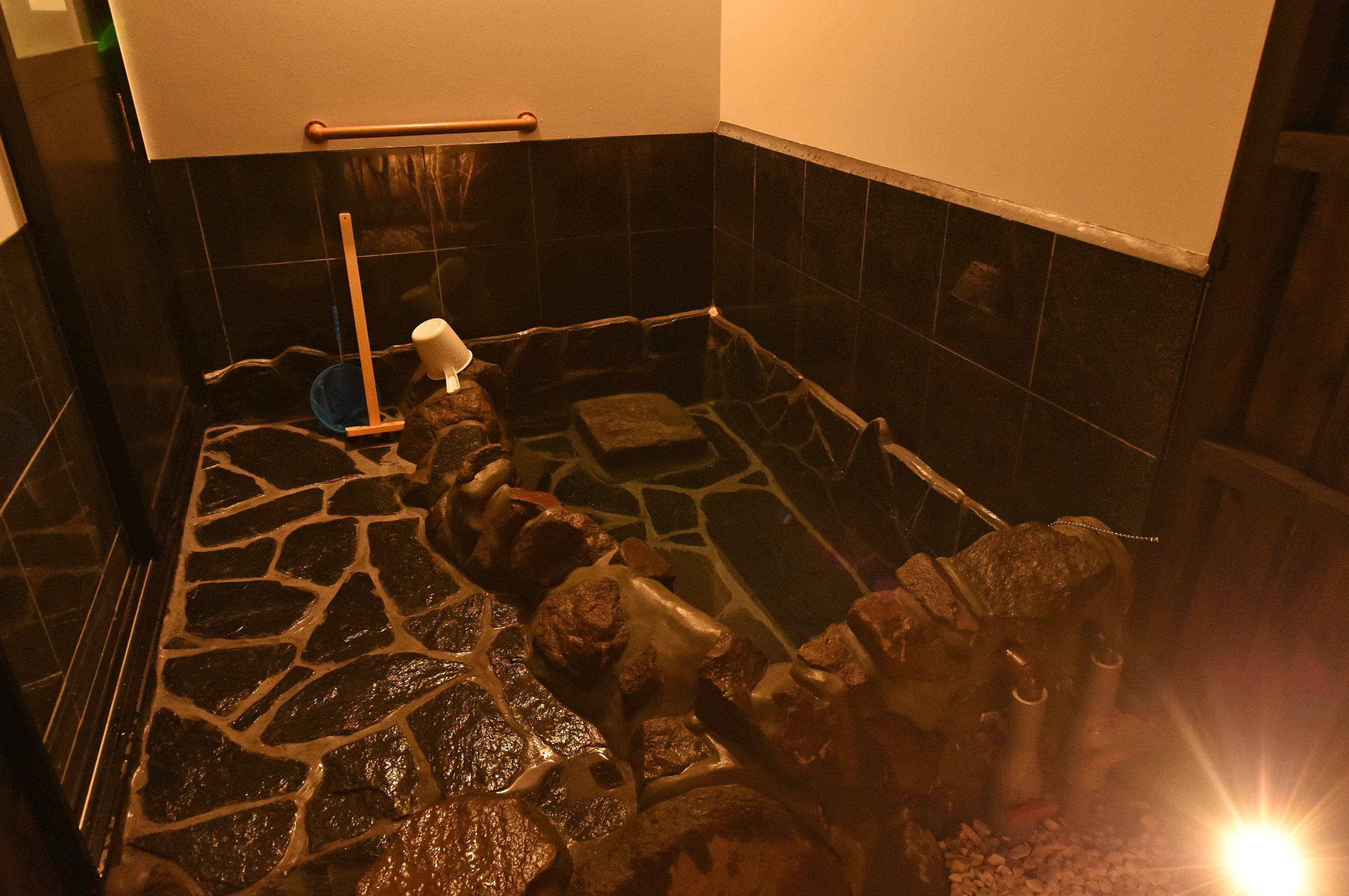 A stone-floored bathroom with a handrail and a mop.