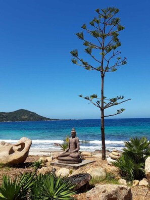 Une plage avec une statue de Bouddha, un pin et une mer d’un bleu limpide.