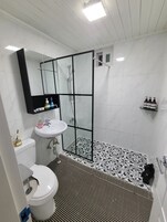 Habitación estándar (301) | Baño | Ducha, artículos de higiene personal de diseño y secador de pelo