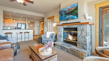 Flat-screen TV, fireplace