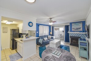 Smart TV, fireplace, books