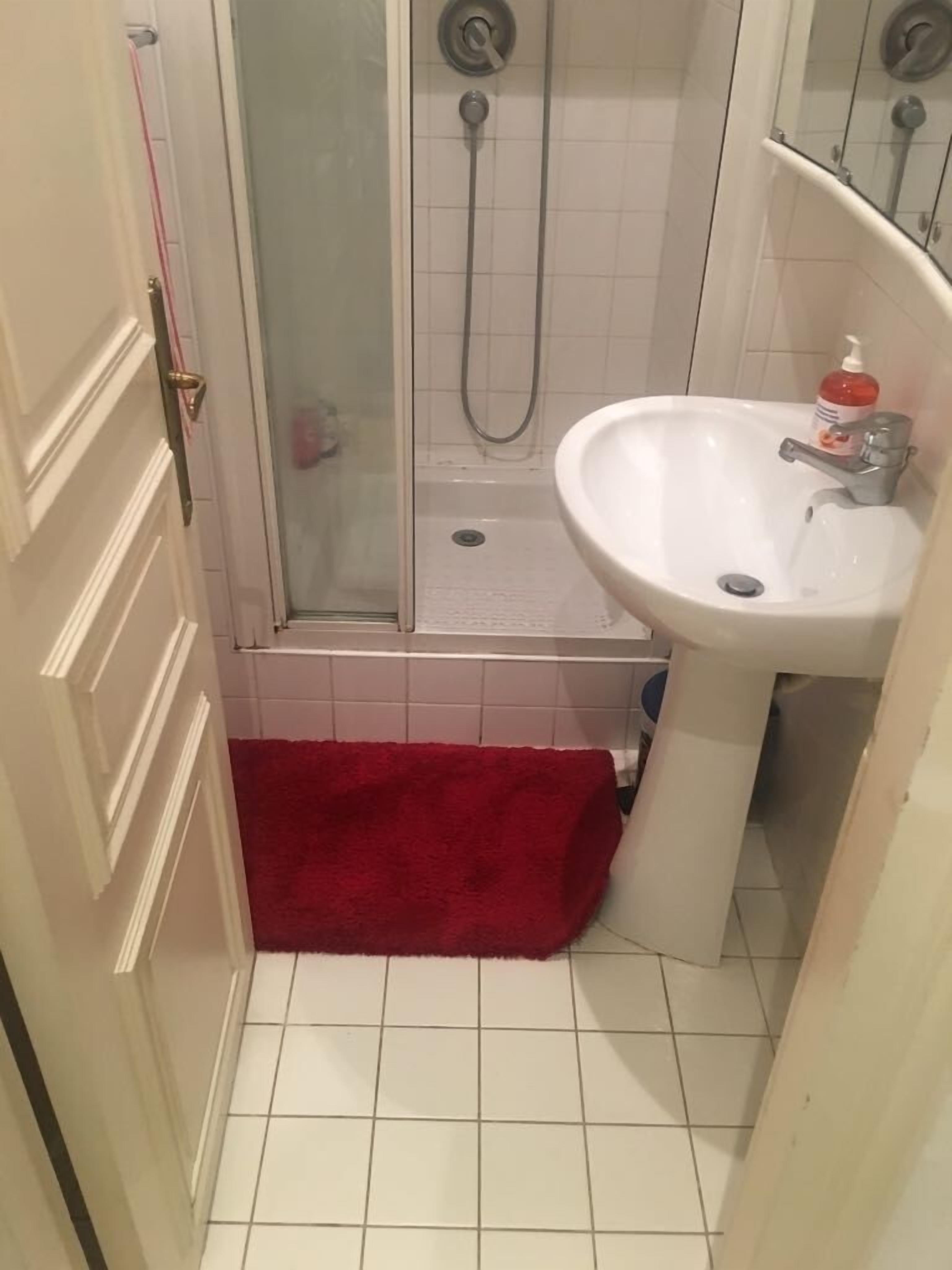 A bathroom with a shower, a sink, and a red bath mat.