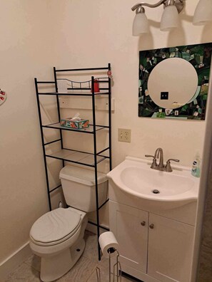 Une petite salle de bain comprenant des toilettes, un lavabo et une étagère en métal noir.