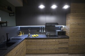 Fridge, microwave, oven, electric kettle