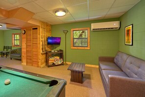 TV, fireplace, DVD player, foosball
