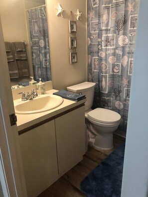 Combined shower/bathtub, towels, soap, shampoo