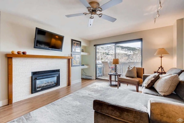 Smart TV, fireplace, DVD player, books