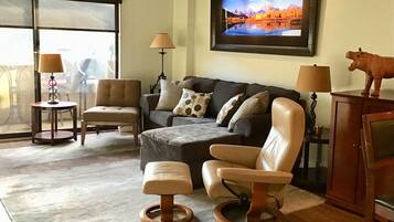 Smart TV, fireplace, DVD player, books