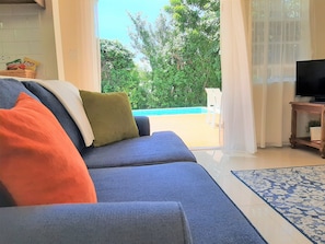 Un salon avec un canapé, un téléviseur et une vue sur une piscine et un espace verdoyant.