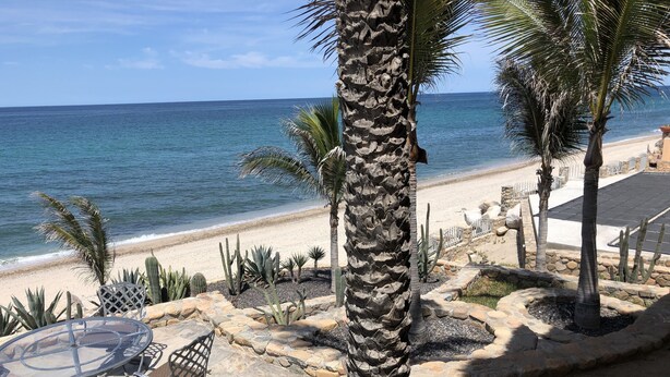 A beachside patio with a glass table and chairs, surrounded by cacti and palm trees, overlooking the ocean. - McGann Estate Resort: Two Houses on the Beach, sleeps 14 (Los Barriles)