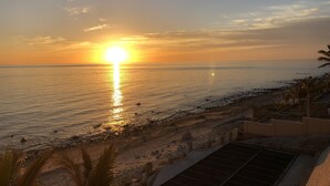 A beach view with the sun setting over the ocean, a sandy shore, and a few palm trees. - McGann Estate Resort: Two Houses on the Beach, sleeps 14 (Los Barriles)