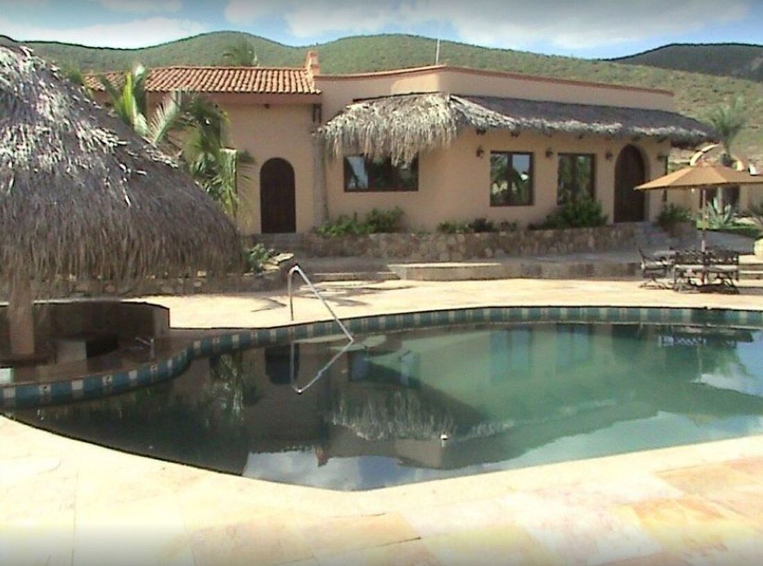 A swimming pool with a thatched roof structure, a stone wall, and a view of a mountain.