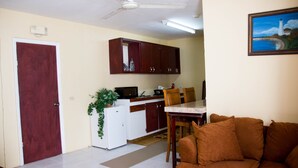 Un espacio habitable compacto con kitchenette, comedor y zona de estar.