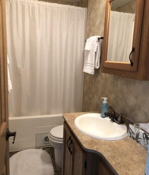 Un baño con bañera, inodoro, lavabo y espejo.