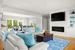 TV, fireplace, books