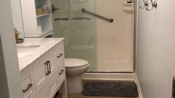 Hair dryer, towels, soap, shampoo