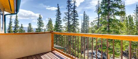 A wooden deck with a metal railing overlooking a forested area with tall trees and a clear sky.