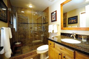 Combined shower/tub, hair dryer, towels, soap
