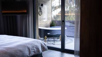 Deluxe-Penthouse, Sauna (Panorama Queen) | Italienische Bettbezüge von Frette, hochwertige Bettwaren