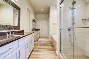 Bathtub, hair dryer, towels