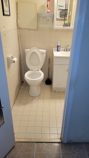 Combined shower/tub, towels, soap, toilet paper