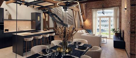 华丽复式房, 1 张特大床和 1 张沙发床 | 起居区 | 电视