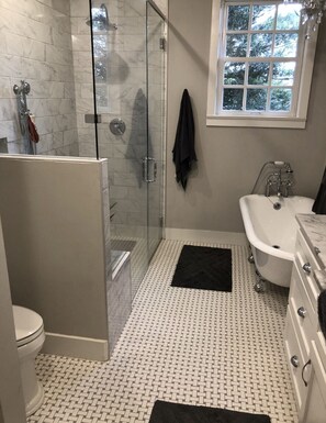 Hair dryer, towels, soap, shampoo