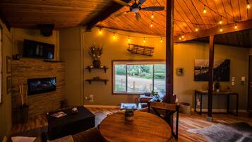 Smart TV, chimenea, reproductor de DVD y videoteca