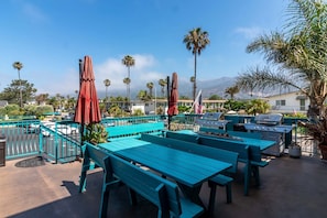 Outdoor dining - Beachfront Ground Floor Condo | King Bed Ocean Views Private Patio (Carpinteria)